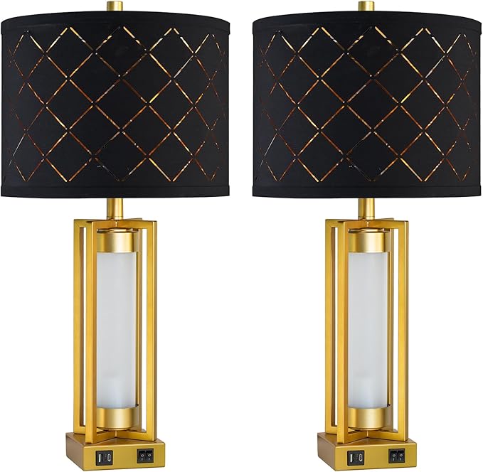 Set of 2 Modern Table Lamps for Living Room Bedroom with USB C+A, Rustic Nightstand Lamps with White Night Light, Black Grid Shade, Desk Lamps for Bedside End Tables, 4 Bulbs Included (Gold)