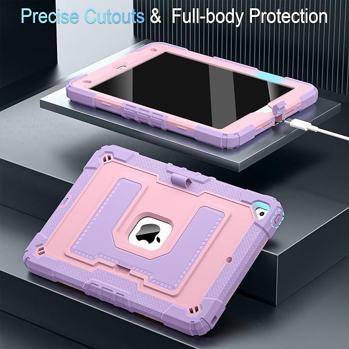 for iPad 9th/ 8th/ 7th Generation 10.2 Inch (2021/2020/ 2019) iPad Case 9th Generation with Pencil Holder,Heavy Duty Shockproof Cover for i Pad 9th/8th/7th Gen,Purple Rose