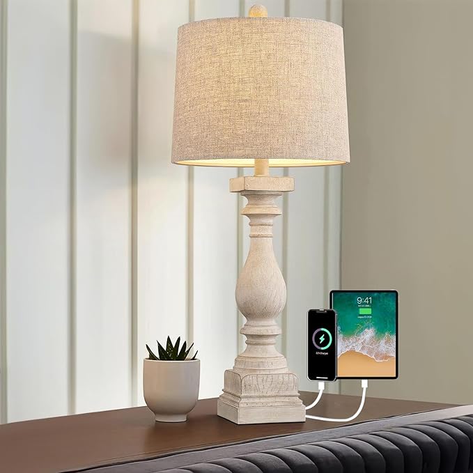 BOBOMOMO Retro 27" USB Charging Ports A/C Wash-White Farmhouse Lamps for Bedrooms Side Table Lamps Bedside Lamp for Nightstand Living Room 1 Pack (Blubs not Included)