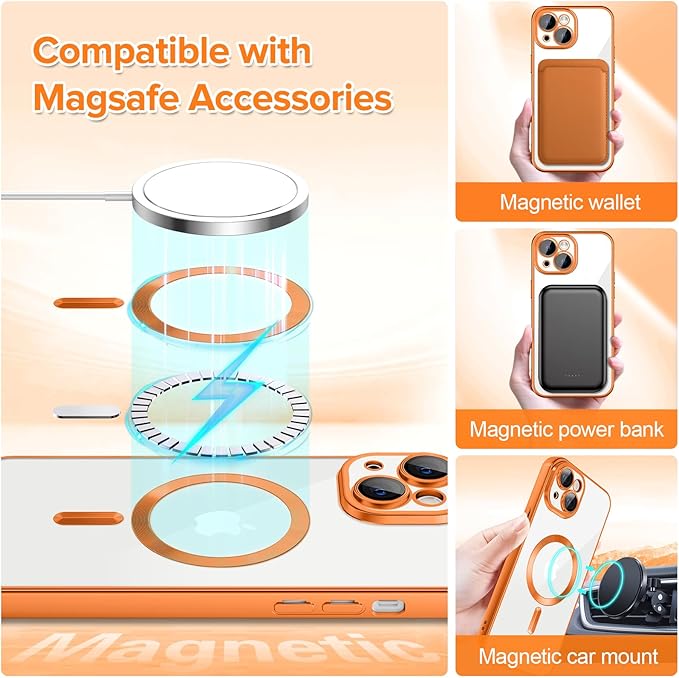 Hython Magnetic Clear for iPhone 14 Plus Case with Camera Lens Protector [Compatible with MagSafe] Luxury Plating Edge Slim Soft TPU Cover Protective Phone Case for iPhone 14 Plus 6.7", Matte Orange