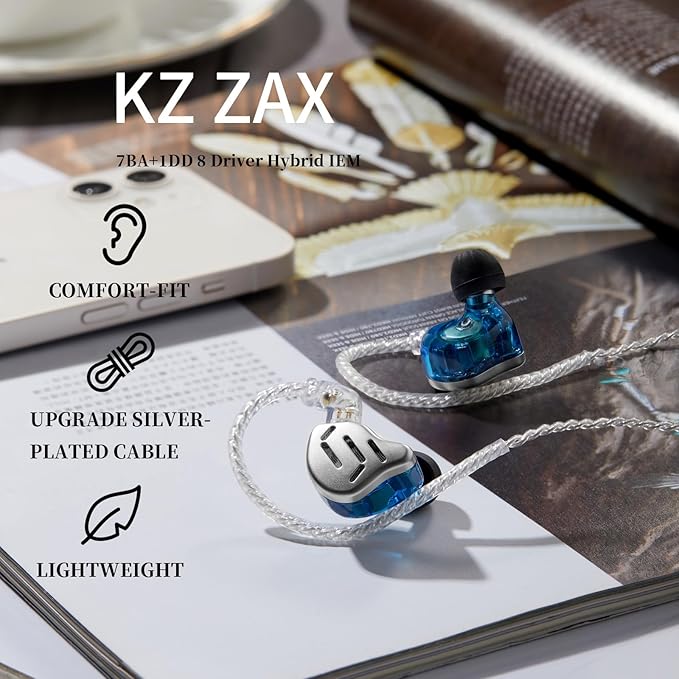 KZ Zax in Ear Headphones 7BA+1DD Hybrid 16 Drivers HiFi Noise Isolation Wired Earbuds, Zin Alloy Shell Metal Earphone in Ear Monitor with 3.5mm Jack Detachable 2Pin Cable (with mic, Silver)