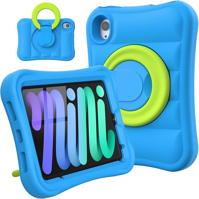 Kids Case for iPad mini 7 (A17 Pro) 2024 / Mini 6th Gen 2021 8.3 inch – Lightweight Flexible Shockproof Rotating Stand Handle Rugged Cover for iPad mini 7th 6 Generation Girls Boys, Blue Green