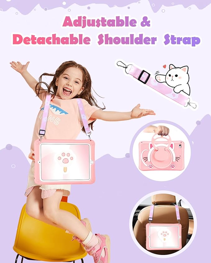 Wazzasoft for iPad mini 4/5 Case 7.9 Inch Girls Cute Cat Kawaii Cover Girly 3D Cartoon Women Kitten with Rotating Handle Stand & Strap Soft Silicone Funda for Apple iPad mini 5th/4th Gen Cases