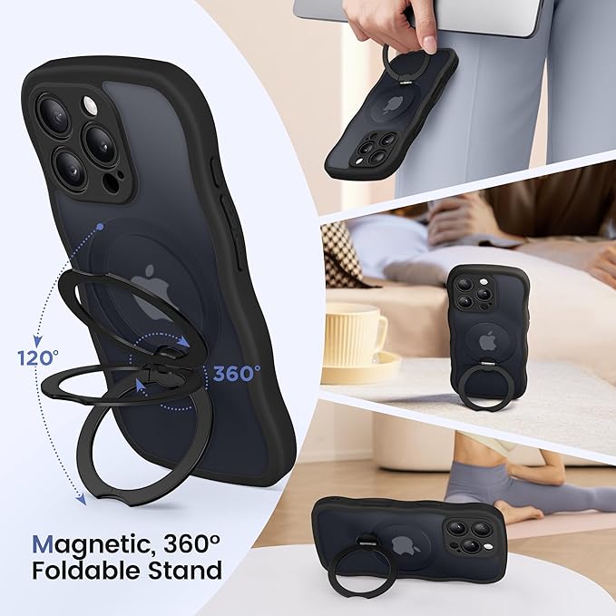 CAPRARO for iPhone 16 Pro Case with 360° Spin Magnetic Stand for Women, [Compatible with MagSafe] [Full Camera Protection] Cute Wave Translucent Matte Case for iPhone 16 Pro, Black