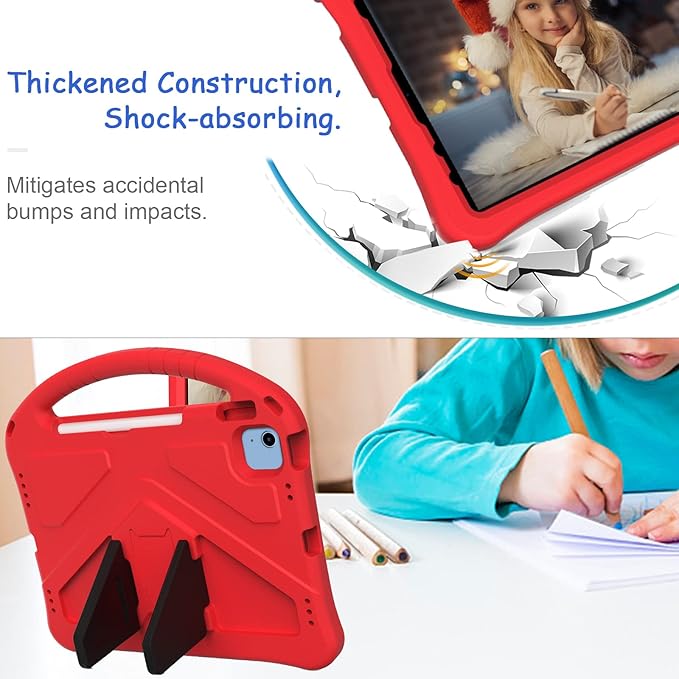 Kids Case for iPad A16 11th/10th Generation 2022/2025 11-Inch iPad Cover with Pencil Holder, Techcircle Lightweight Shockproof EVA Foam Rugged Handle Stand Anti-Slip Grip Protective Case, Red