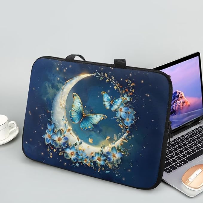 Blue Butterfly Moon Computer Bag Sleeve with Handle, Protective Tablet Case with Zipper, Women Sturdy Laptop Bag, Portable Notebook Sleeves Handbag for Travel/Business/School