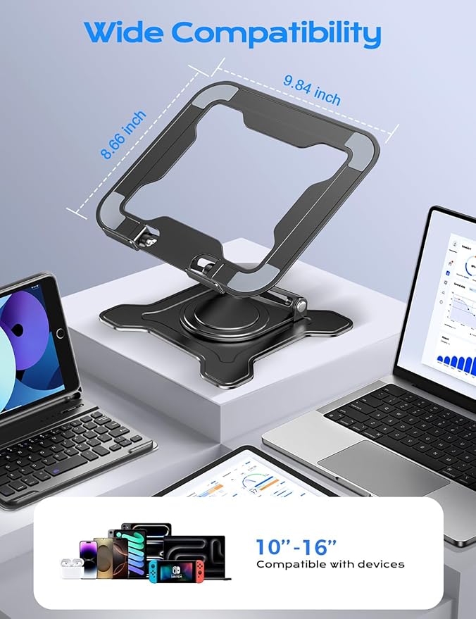 JCZT Adjustable Laptop Stand, 360° Rotating Base Ergonomic Computer Stand, Foldable Laptop Stand for Desk for Office Home Fits Compatible with MacBook Pro Air (10-16") - Black