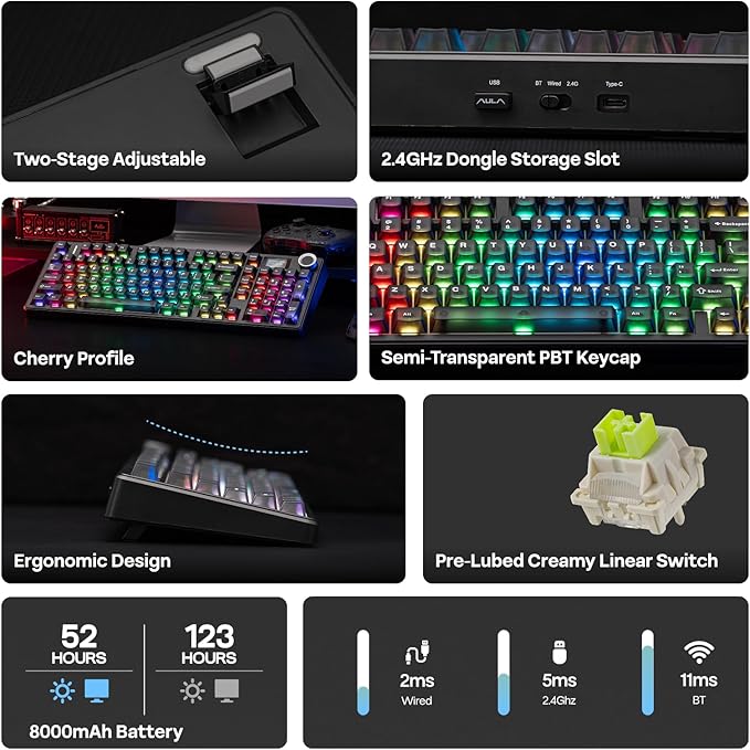 EPOMAKER Aula F99 MAX Wireless Mechanical Keyboard, Smart Screen & Knob, 8000mAh, 2.4Ghz/BT Creamy Keyboard, Pre-Lubed Switch, Hot-Swappable, RGB Backlit, Custom Software (Black)