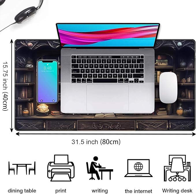 Gaming Desk Mat Large Mouse Pad, Magical Bookshelf Desk Pad Extended Mouse Mat XXL, Keyboard Pad for Gaming Office Home, Full Desktop Computer Pad Dark Academia Desk Decor for Man 31.5" x 15.75"
