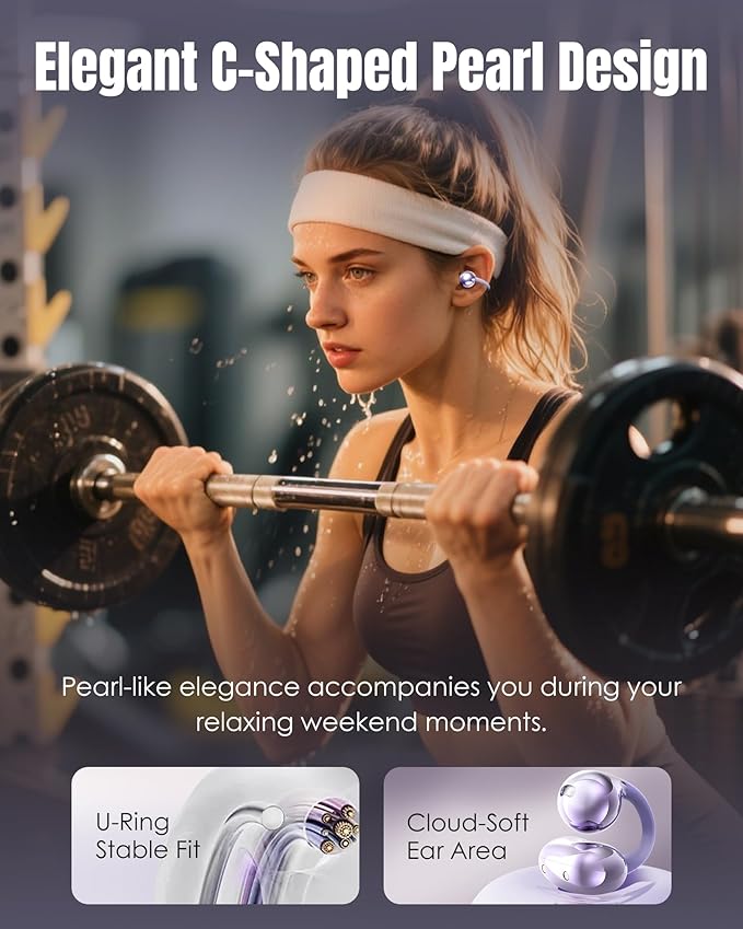 King Lucky Clip-On Earbuds Gen 3, Open-Ear Wireless Bluetooth 6.0 Headphones with Mic, Secure Fit for Small Ears & Glasses Wearers, 50H Playtime, LED Digital Display, ENC, IPX5 Waterproof (Purple)