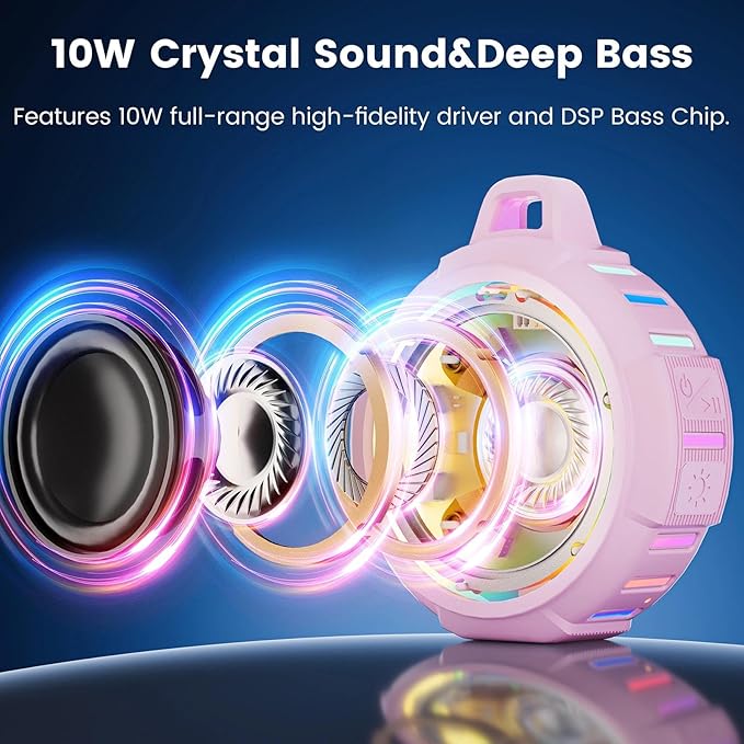 XLEADER X8(2 Gen) Upgraded, Bluetooth Shower Speaker, Certified IP67 Waterproof, 10W Pro Sound&Deep Bass, 24Hrs Playtime, Stocking Stuffers, White Elephant Gifts, for Teens Women, Pink