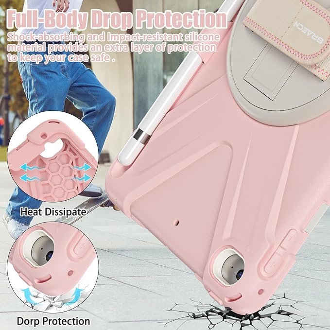 BRAECNstock Kids Case for Apple iPad mini 5/4 7.9" 2019/2015, Shockproof Protective with Pencil Holder, Rotating Stand & Hand Strap,Shoulder Strap, Case for iPad mini 5th/4th Gen, Sakura Pink