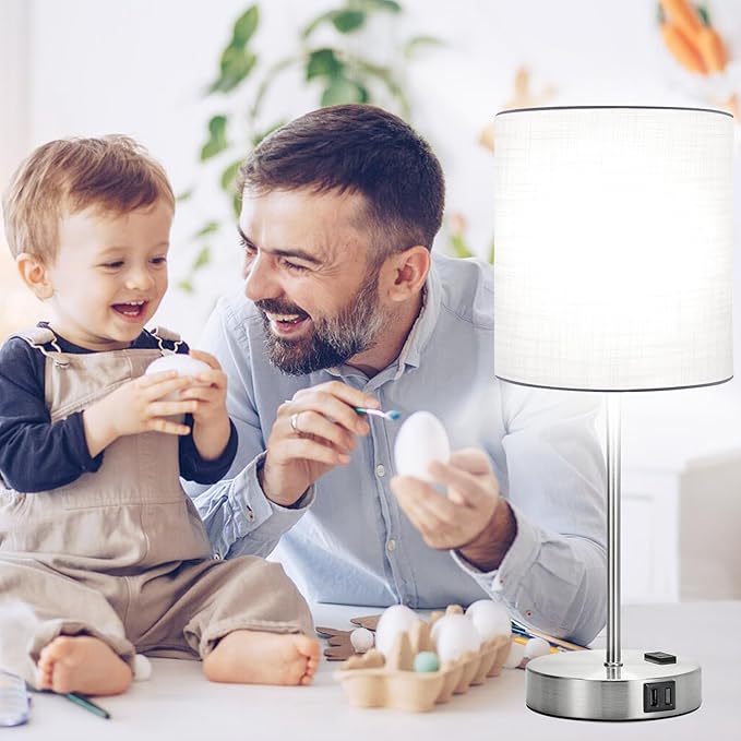 Lynnoland Set of 2 Touch White Table Lamps with 2 USB Ports & AC Outlet, 3-Way Dimmable Bedside Nightstand Lamps for Bedroom Living Room Nursery, 800 Lumens 5000K Daylight Bulbs Included