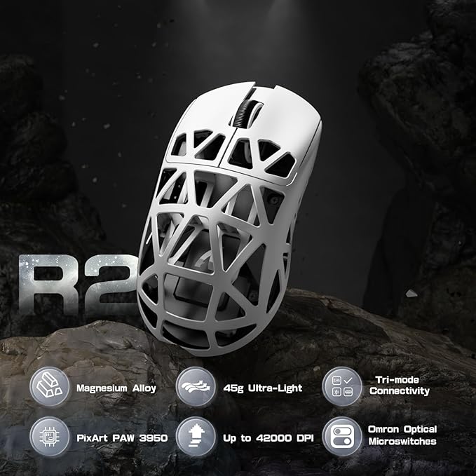 ATTACK SHARK R2PRO 45g Superlight Magnesium Alloy Mouse, PixArt PAW3950 Sensor, 42000DPI, 8000Hz Wireless Polling Rate, 2.4G/BT/Wired Gaming Mouse, Programmable Mice with Coiled Cable, PC/Mac, White