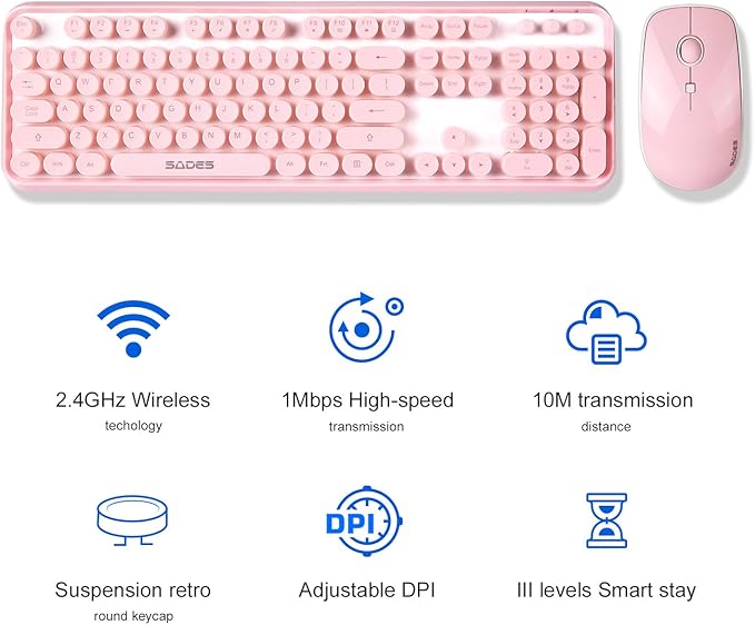 Pink Keyboard and Mouse Wireless, Cute Typewriter Style Round Key Keyboard, 2.4GHz Full Size Aesthetic Retro Bubble Creamy Keyboard and Mouse Set for Long Nails PC Laptop Desktop Computer