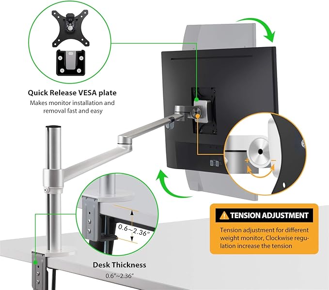 Viozon Laptop/Notebook/Projector Mount Stand,Height Adjustable Single Arm Mount Support 12-17 inch Laptop/Notebook/Tablet, Free Removable VESA 75X75 and 100X100 for Monitor 17-32 inch (Silver)