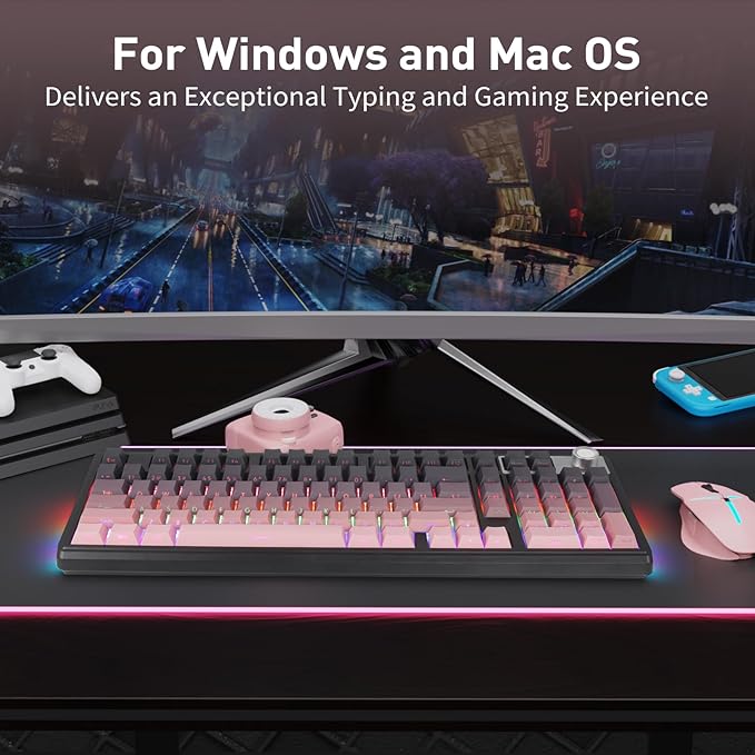 HUO JI Wireless Mechanical Gaming Keyboard with Knob, Bluetooth 5.0/2.4GHz/USB-C Wired, Hot Swappable Red Switches, Anti-Ghosting, Led Backlit, 96% Computer Keyboard for PC Gamer, Pink