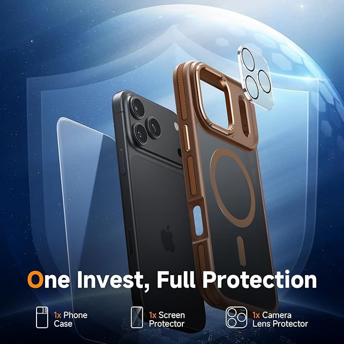 Magnetic 3 in 1 for iPhone 17 Pro Max Case, [Omni-Directional Protection] with 1x Screen Protector + 1x Camera Cover, [Seamless Work with Magsafe] Protective Silm Case for iPhone 17 Pro Max Brown