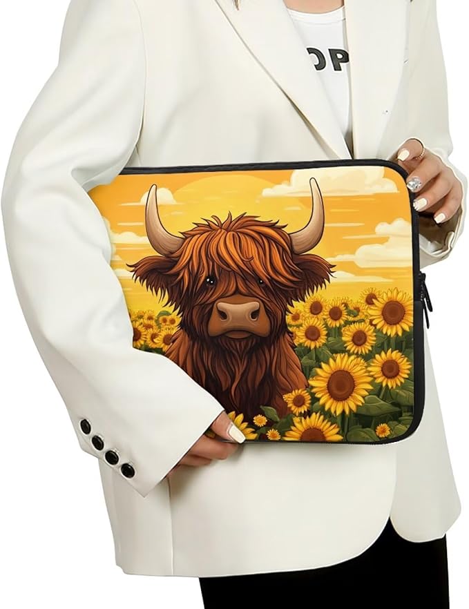 Highland Cow Laptop Protective Sleeve for Women 10inch Computer Sleeve Bag Sunflower Portable Lap Top Case Suitable for Travel School Office Neatly Organizers Brown