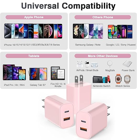 USB C Charger Block, iPhone 16/15 Charger Block [3 Pack] 20W Dual Port QC+PD 3.0 Power Adapter Multiport USB A Fast Charging Plug for Apple iPhone 16/16 Pro/16 Pro Max/16 Plus/15/14/13/12/11/iPad-Pink
