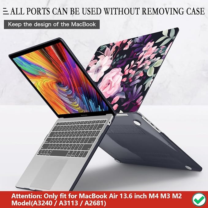 CISSOOK Compatible with MacBook Air 13.6 inch Case 2026 2025 2024 2022 Release A3449 A3240 A3113 A2681, Flower Plastic Hard Shell Case Black Cover for MacBook Air 13 inch M2 M3 M4 M5 - Pink Flowers