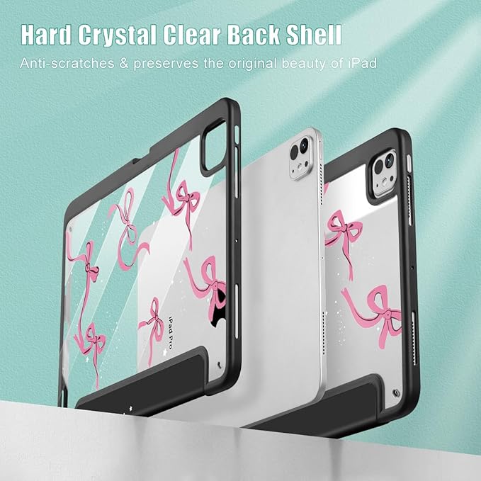 May Chen for iPad Pro 13 Inch Case M5 2025 / M4 2024, Built Pencil Holder & Clear Transparent Print Back Shell Slim Stand Shockproof Tablet Cover, Auto Wake/Sleep, Black Bows