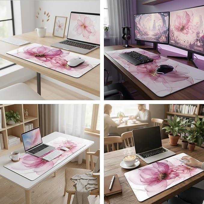XL Abstract Floral Mousepad (35.4 x 15.7 Inch), Extra Large Pink Fluid Art Desk Mat, Dreamy Rose & Gold Vein Pattern, Waterproof Gaming Keyboard Surface, Aesthetic Table Cover