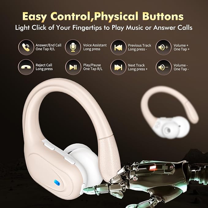 HAOYUYAN Wireless Earbuds, Sports Bluetooth Headphones, 80Hrs Playtime Ear Buds with LED Power Display, Noise Canceling Headset, IPX7 Waterproof Earphones for Workout/Running (Camel)