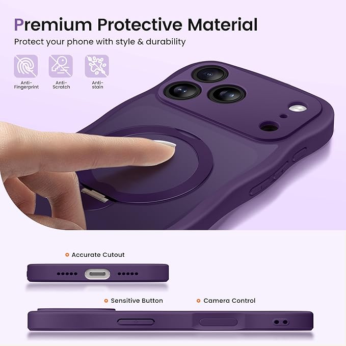 CAPRARO for iPhone 17 Pro Max Case with 360° Spin Magnetic Stand for Women, [Compatible with MagSafe] [Full Camera Protection] Cute Wave Translucent Matte Case for iPhone 17 Pro Max, Deep Purple
