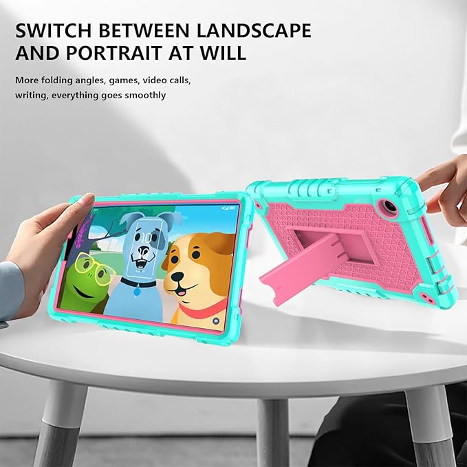 Case for for AT&T Amigo Jr. Tab 8 inch Tablet 9136K - with 2PCS Screen Protector,[Built-in Kickstand] Anti Slip Kids Friendly Shockproof Silicone Protective Cover (Green/Pink+2 PCS Glass)