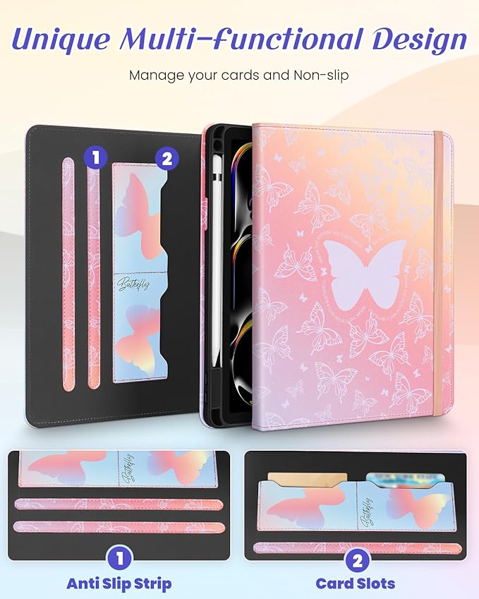 Kidcube for iPad Pro 11 Inch Case M4 2024 5th Generation - Women Girls Kid Cute Rotating Stand Folio Cover with Pencil Holder & Card Slot Kawaii Butterfly Design for iPad Pro 11'' Case 2024 M4 5th Gen