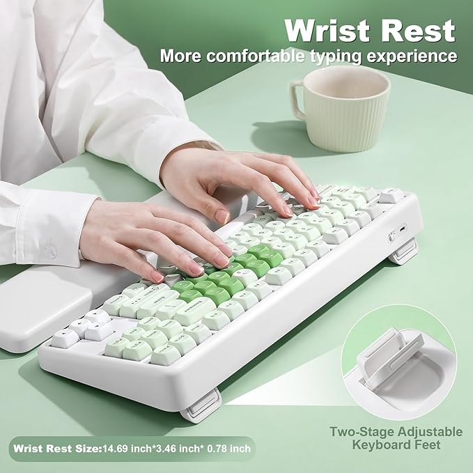 YUNZII B87 Wireless Mechanical Keyboard,QMK/VIA Programmable,TKL Layout 87 Keys,BT/2.4G/USB-C,Hot Swap Gasket Mount RGB Backlit Gaming with Wrist Rest for Win/Mac (Matcha Heart, Cocoa Cream V2)
