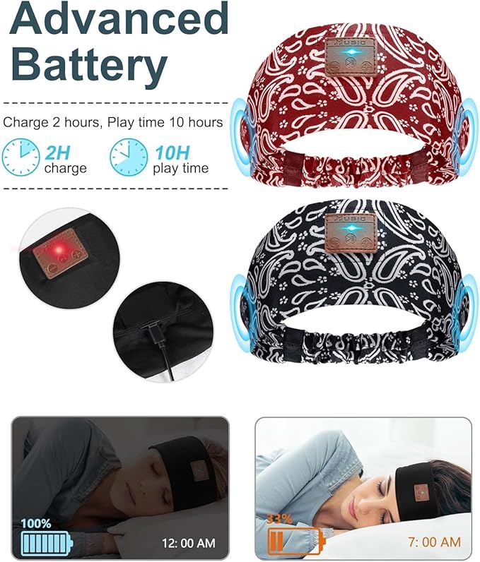 2-Pack Sleeping Headphones, Ultra-Thin HD Stereo Speaker, Bluetooth Headband for Sports, Workouts, Insomnia, Yoga, Air Travel, Meditation - Pattern Black&Pattern Red