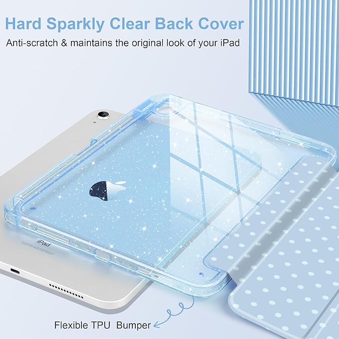 DONGKE for iPad Pro 11 inch Case – Fits M5 2025 / M4 2024, Shockproof Sparkling Glitter Acrylic Back, Pencil Holder, Trifold Stand, Auto Sleep/Wake & Touch ID Support - Blue Polka Dot