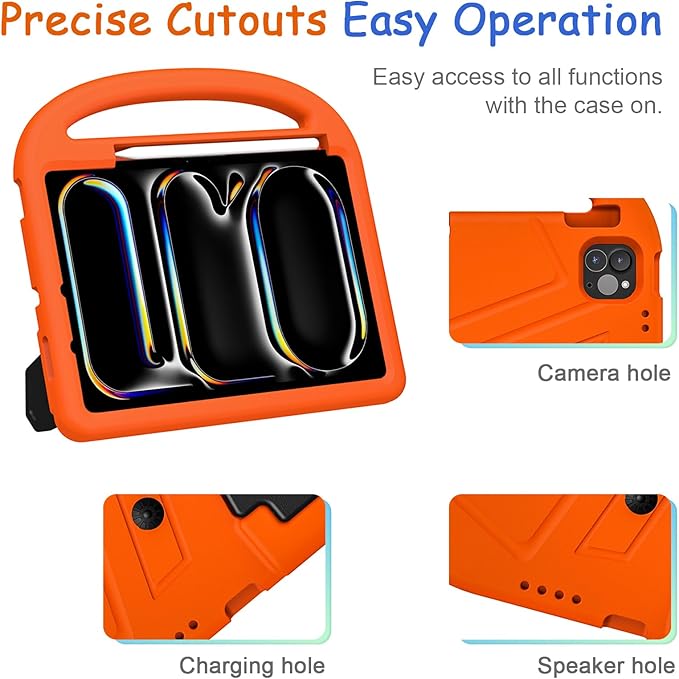Kids Case for iPad Pro 11" M5 2025/M4 2024 & iPad Air 11" M3 2025/M2 2024, Techcircle Child Shock Proof EVA Protective [Support Pencil Charging] Handle Stand Cover, Orange