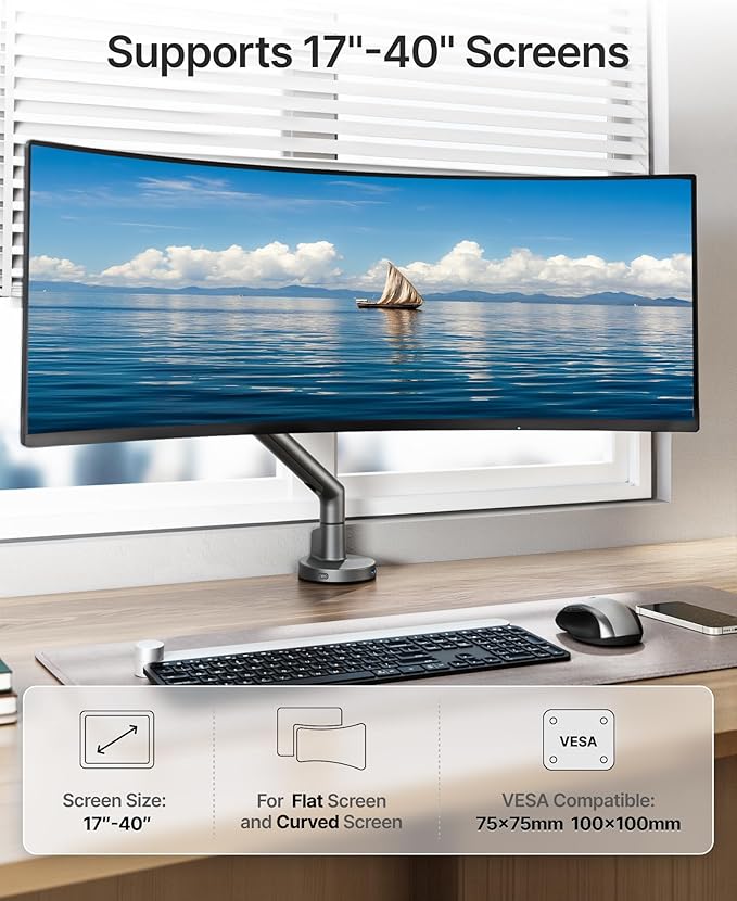 monTEK Single Monitor Arm with USB for 17-40 Inch Screens, Up to 26.4 lbs, Heavy Duty Monitor Mount with VESA Mount, Full Motion Adjustment Monitor Stand C-Clamp/Grommet Base,VESA 75/100mm, Gray