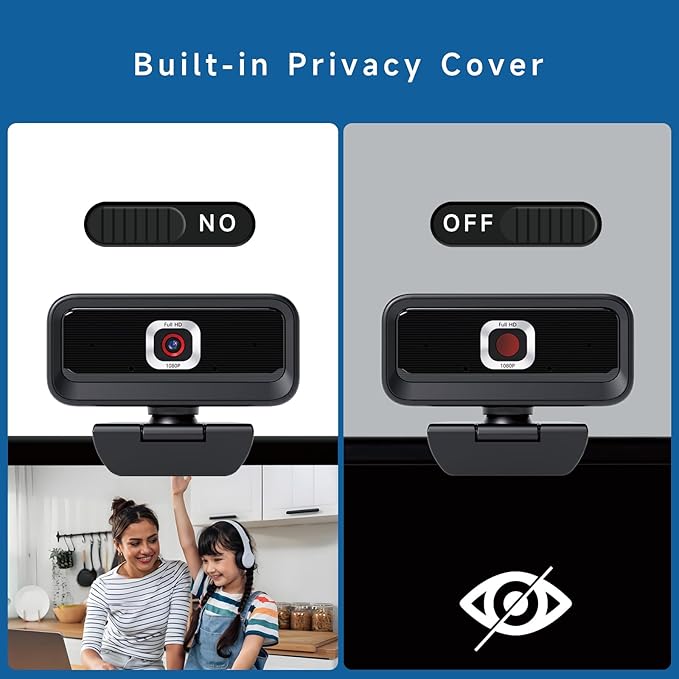 Webcam for PC, Computer Camera for Desktop, 1080P Webcam with Tripod,USB Web Cam, 2 Noise Reduction Mics, Built-in Privacy Cover,Plug&Play