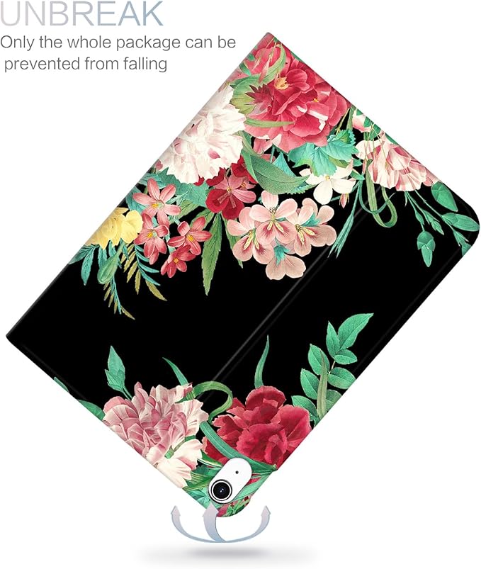 for iPad (A16) 11Th/10Th Generation Case 2025/2022, for iPad Case 11Th/10Th Generation, 10Th/11Th Gen iPadCase Cover Auto Wake/Sleep Multi-Angle Viewing Adjustable Stand, Black Vintage Flower