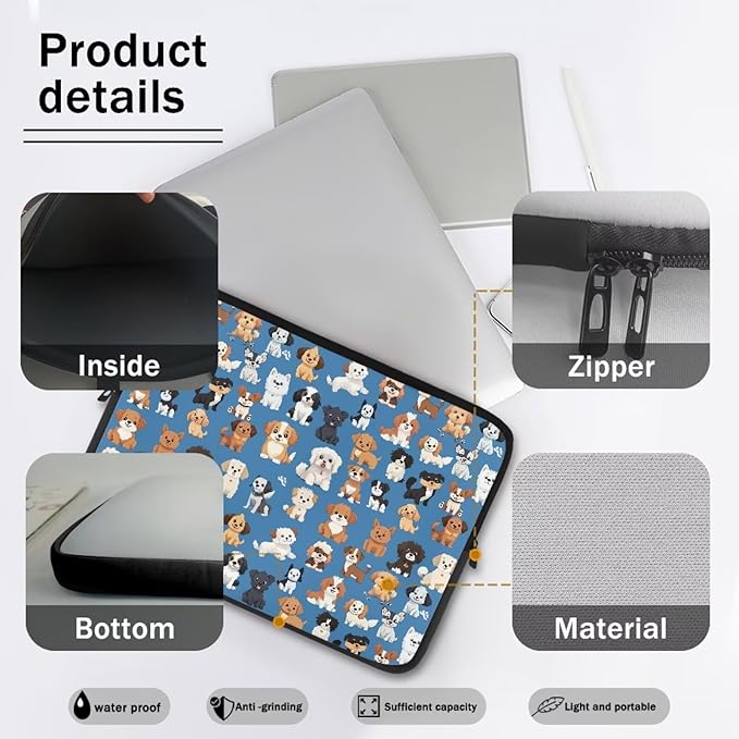 Puppy Dog Laptop Sleeve for Women Teen Girls 10inch Laptop Protector with Multiple Uses Lightweight Computer Sleeve Cute Tablet Bag Laptop Carrying Case Blue