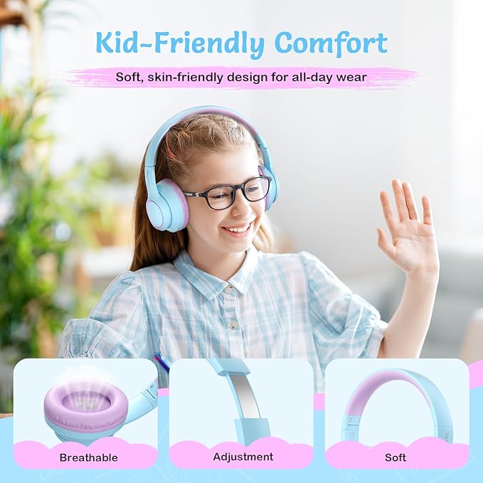 TONOSHARK Kids Bluetooth Headphones with Active Noise Cancelling, Wireless Over-Ear Headphones for Boys Girls, Foldable, Adjustable, 40H Playtime, Mic for School Travel (Purple Blue)