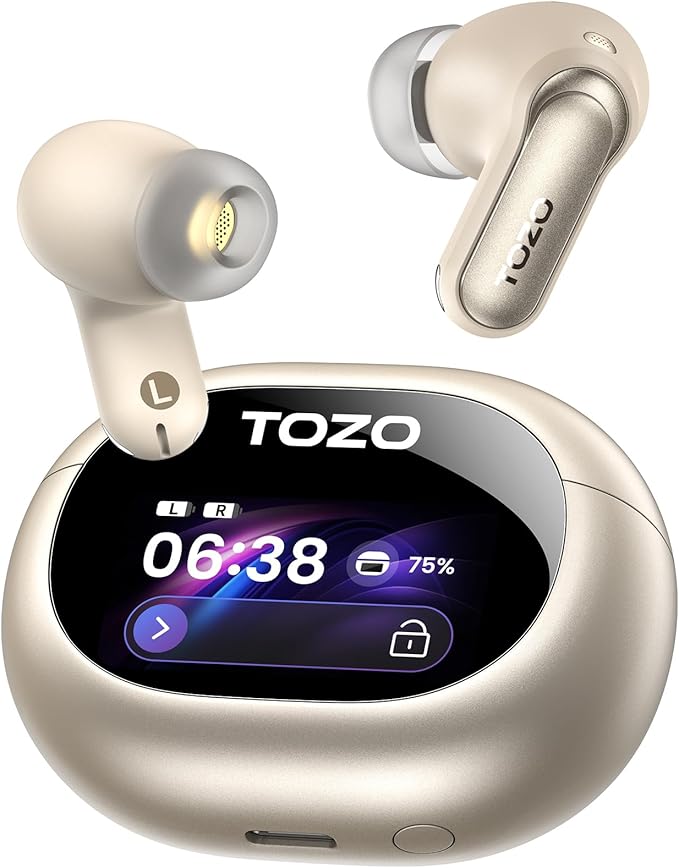 TOZO NC20 Pro Active Noise Cancelling Wireless Earbuds with Smart Touch Screen, LDAC Hi-Res Audio, Stereo Bass, 6 Mics AI Call Ear Buds, 80H Playtime, IPX8 Waterproof, 32 EQ via App, Wireless Charging