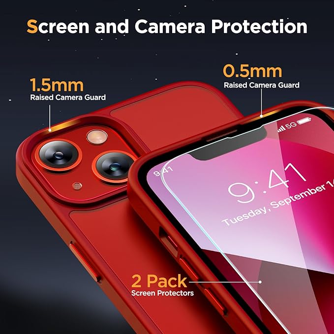 Miracase Magnetic for iPhone 14 Case 6.1 inch (Compatible with MagSafe)（with 2X Screen Protectors） Military-Grade Protection, Anti-Fingerprint Translucent Matte Phone Case Cover, Red