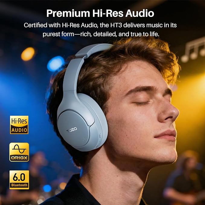 TOZO HT3 Hybrid Noise Cancelling Headphones, 90H Battery Life Wireless Over Ear Bluetooth 6.0 Foldable Headset, AI Voice Assistant with 5 Mics, Connect 2 Devices and Hi-Res Sound, 32 EQ Audio Presets