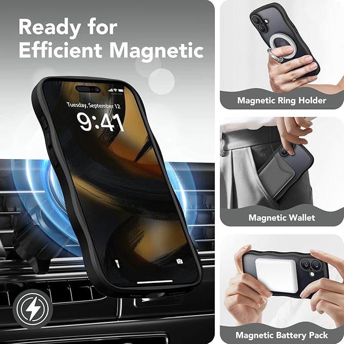 CAPRARO for iPhone 16 Case for Women Girls, Upgraded [Full Camera Protection] [Compatible with MagSafe] Cute Wave Translucent Matte Phone Case for iPhone 16, Black