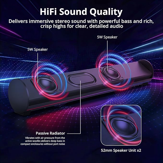 Computer Sound Bar with Detachable ENC Microphone, Enhanced Bass Gaming Soundbar, Bluetooth 6.0, USB-A Plug and Play, PC and Bluetooth Mode, 3EQ, 10 RGB Speaker for Gaming, Music,Meeting