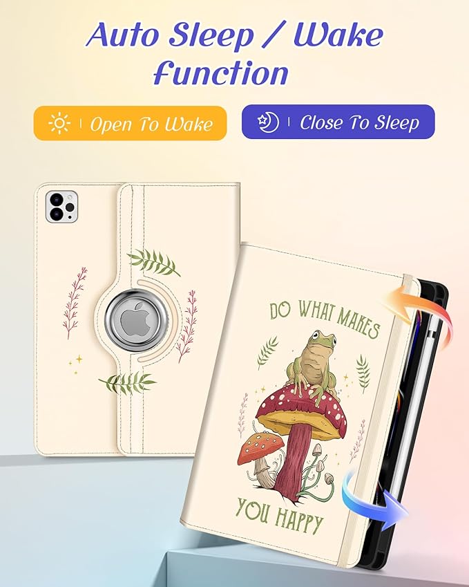 Kidcube for iPad Pro 11 Inch Case M4 2024 5th Generation - Women Girls Cute Rotating Stand Folio Cover with Pencil Holder & Card Slot Cool Frog Mushroom Design for iPad Pro 11'' Case 2024 M4 5th Gen