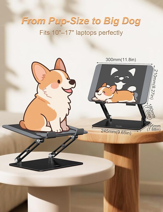 Aoviho Laptop Stand for Desk-Adjustable, Foldable, Portable, Ergonomic Aluminum Notebook Riser with Unique Puppy Cooling Vent, Desk Gift for 10"-17.3" Devices Mac, Dell, HP, Lenovo, Samsung, Black
