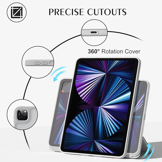 ZENLU iPad Pro 11 inch Case with Removable Magnetic Folio Cover, Premium PU Leather, Multiple Angles Stand, Pencil Slot Charging Support, Full Protective Case for 11" (1/2/3/4 Gen) iPad Pro (Grey)