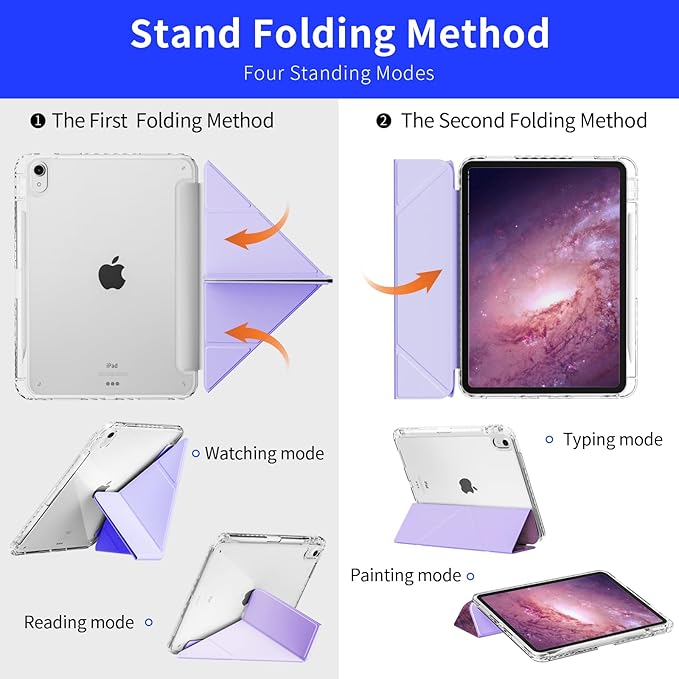 Origami Case for iPad (A16) 11th Generation 11 Inch 2025, iPad 10th Generation Case 10.9 2022 Cover with Pencil Holder, Clear Back Cover, Portrait Y-fold & Trifold Stand, Rainbow Zebra