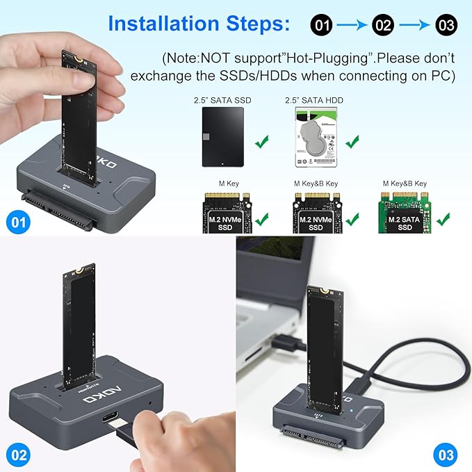 AOKO NVMe to USB 3.2(10Gbps) SSD Reader Docking Station – Portable M.2 SSD to USB Adapter External NVMe SSD Enclosure for M.2 PCIe NVMe and M.2 SATA SSD, Compatible with 2.5'' SATA Dirve
